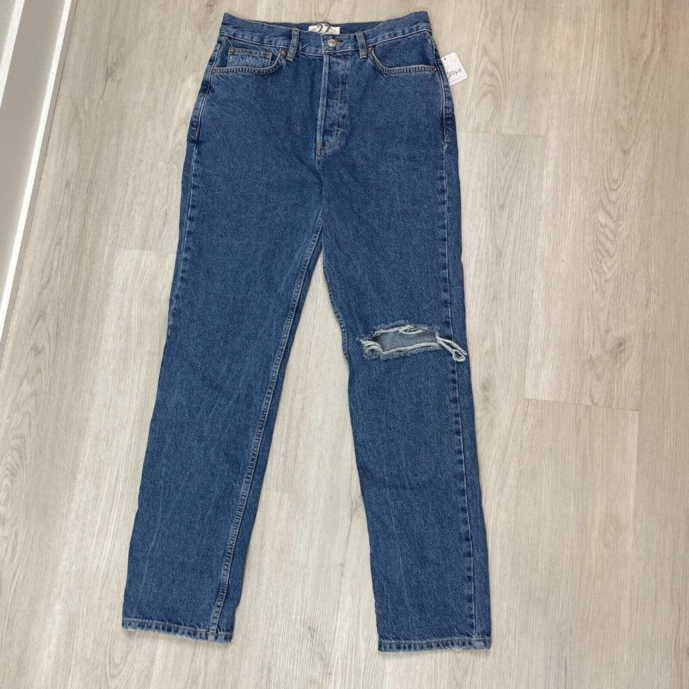 Free People The Lasso Straight Leg Jeans 27 Blue Sapphire Ripped Knee OB1333848